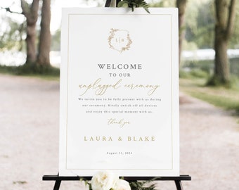 Unplugged Ceremony Sign Template, Gold, Wedding Crest & Monogram, Unplugged Wedding Sign, Printable, Templett INSTANT Download, Editable