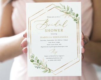 Bridal Shower Invitation Template, Greenery Hexagonal, Editable & Printable Instant Download, Templett, Try Before Purchase