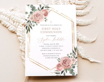 First Communion Invitation Template, Dusky Pink Floral, Editable Pink First Holy Communion Invite Card, Templett INSTANT Download, Printable