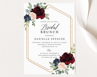 Bridal Brunch Invitation Template, Burgundy Navy, Printable Bridal Shower Brunch Invite, Editable, Templett INSTANT Download