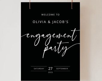 Engagement Party Welcome Sign Template, Modern Script, Black Background, Editable Sign Template, Printable, Templett INSTANT Download