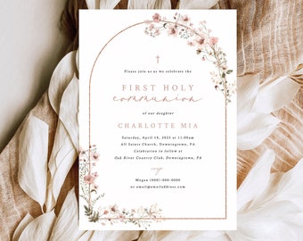 First Holy Communion Invitation Template, Rustic Pink Flower Arch, Editable First Communion Invite Card Printable, Templett INSTANT Download