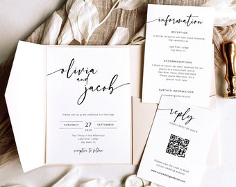 Wedding Invitation Templates, Modern Calligraphy, Pocketfold Design, Editable Invites, QR Code RSVP, Printable, Templett Instant Download