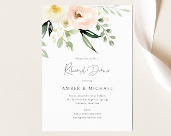 Rehearsal Dinner Text Invitation Template, Pink Floral Greenery, Ivory, Electronic Rehearsal Invite, Printable, Templett, INSTANT Download