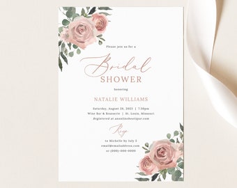 Bridal Shower Invitation Template, Dusky Pink Floral, Bridal Shower Invite, Printable, Dusty Pink, Templett INSTANT Download, Editable