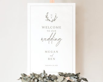 Wedding Welcome Sign Template, Wreath Monogram Elegant, Editable Welcome To Our Wedding Sign, Printable, Vertical, Templett INSTANT Download