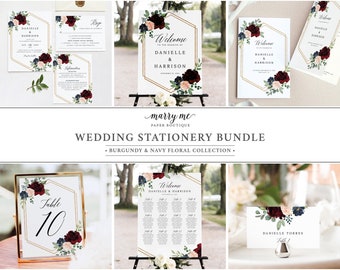 Wedding Invitation Template Bundle, Burgundy Navy, Wedding Bundle Templates, Template Kit, Demo Available, Templett Instant Download