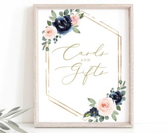 Cards & Gifts Sign Template, Navy and Blush Floral, Editable Wedding Sign, Wedding Cards and Gifts Sign Printable, Templett INSTANT Download