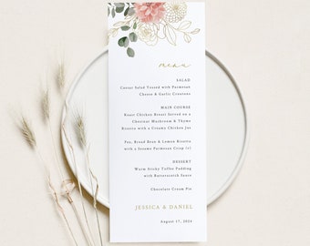 Wedding Menu Template, Blush & Gold Flowers, Thin Menu Printable, Elegant Wedding Table Menu Card, Editable, Templett INSTANT Download