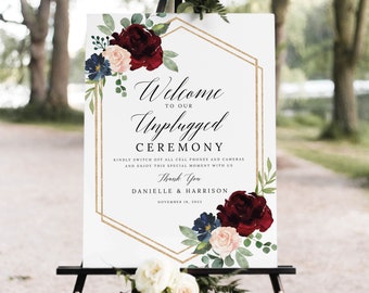 Unplugged Ceremony Sign Template, Burgundy Hexagonal, Demo Available, Printable Editable Instant Download