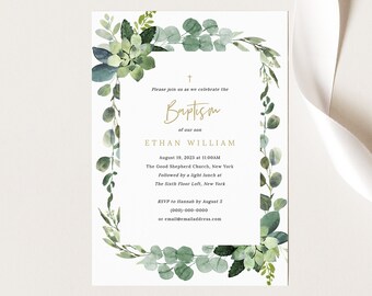 Lush Greenery Baptism Invitation Template, Printable Baptism Invite, INSTANT Download, Editable, Templett