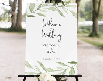 Wedding Welcome Sign Template, Self-Edit Instant Download, Try Before Purchase, Greenery Leaves