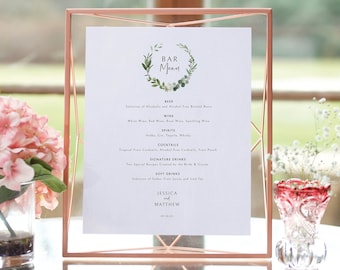 Bar Menu Template, Elegant Greenery, Wedding Drinks Menu, Printable, Editable Bar Menu, Templett INSTANT Download