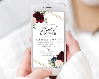 Bridal Shower Text Invite, Burgundy Navy, Editable Electronic Invitation, Instant Download, Templett