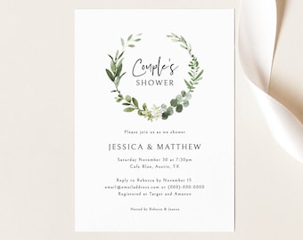 Couples Shower Invitation Template, Elegant Greenery, Couples Shower Invite, Printable, Templett INSTANT Download, Editable