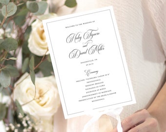 Wedding Program Fan Template, Classic Calligraphy & Border, Wedding Fan Program, Printable, Templett INSTANT Download, Editable