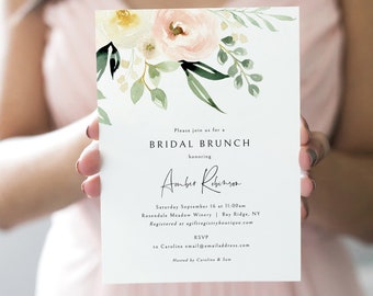 Bridal Brunch Invitation Template, Pink Floral Greenery, Ivory, Bridal Shower Brunch Invite, Printable, Editable, Templett INSTANT Download