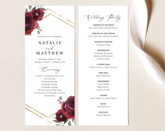 Wedding Program Template, Elegant Burgundy Floral, Editable Wedding Ceremony Program, Printable, Templett INSTANT Download, Order Of Service