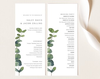 Wedding Program Template, Elegant Eucalyptus, Greenery Wedding Ceremony Program, Printable, Editable, Templett INSTANT Download