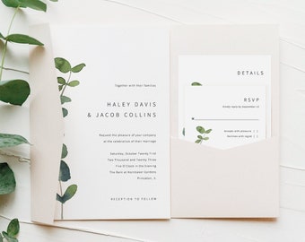 Wedding Invitation Template Suite, Pocket Fold, Elegant Eucalyptus, Modern Wedding Invite Kit, Printable, Templett INSTANT Download