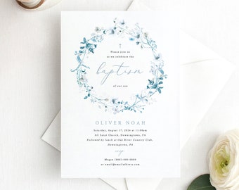 Baptism Invitation Template, Delicate Blue & White Floral, Editable Invite, Baptism Invitation Card Printable, Templett INSTANT Download