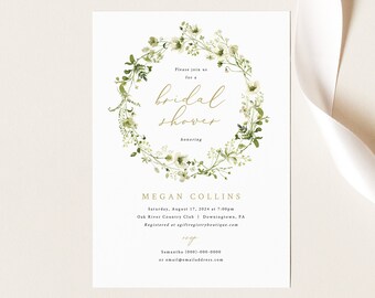 Bridal Shower Invitation Template, Rustic Greenery Floral, Editable Greenery Bridal Shower Invite Card, Printable, Templett INSTANT Download