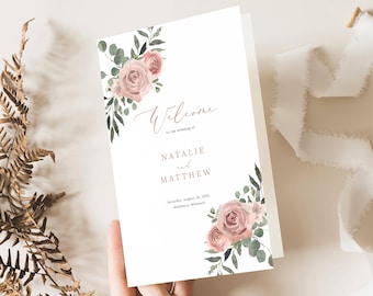 Wedding Ceremony Program Template, Dusky Pink Floral, Folding Wedding Program, Printable, Editable, Dusty Pink, Templett INSTANT Download