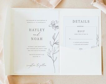 Wedding Invitation Template Set, Elegant Botanical, Try Before Purchase, Editable & Printable, Instant Download, Pocketfold Style