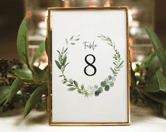 Table Number Sign Template, Elegant Greenery, Templett Instant Download, Editable & Printable, Demo Available