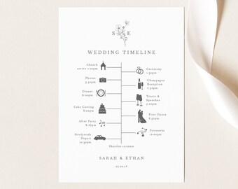 Wedding Itinerary Card Template, Floral Wedding Monogram, Wedding Timeline Card, Printable, Editable, Templett INSTANT Download