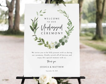 Unplugged Ceremony Sign Template, Elegant Greenery, Unplugged Wedding Sign, Printable, Editable, Templett INSTANT Download