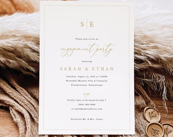 Engagement Party Invitation Template, Minimalist Wedding Monogram, Editable Gold Engagement Party Invite, Templett INSTANT Download