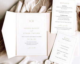 Wedding Invitation Template Set, Minimalist Wedding Monogram, Gold, Editable, Pocketfold Design, Wedding Invite, Templett INSTANT Download