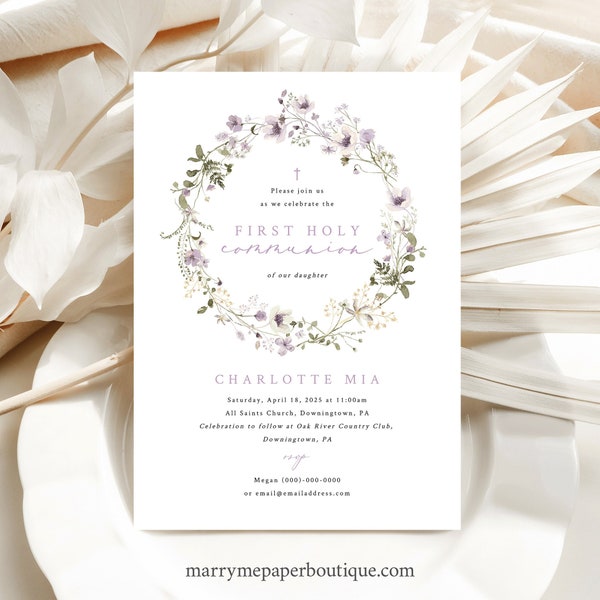 First Communion Invitation Template, Lavender Flowers, First Holy Communion Invite Card, Editable, Printable, Templett INSTANT Download