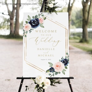 Wedding Welcome Sign Template, Navy & Blush Floral, Welcome To Our Wedding Sign, Printable, Templett INSTANT Download, Portrait