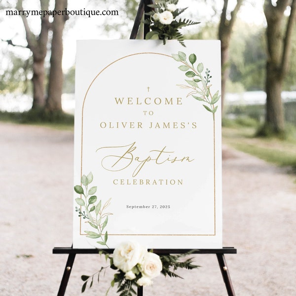 Baptism Welcome Sign Template, Greenery Arch, Printable, Editable, Welcome To The Baptism Sign, Arch Baptism Sign, Templett INSTANT Download