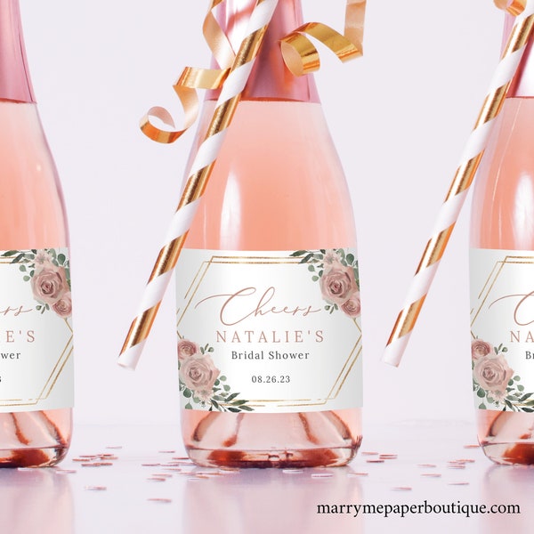 Mini Champagne Label Template, Dusky Pink Floral, Bridal Shower Champagne Bottle Label, Printable, Editable, Templett Instant Download