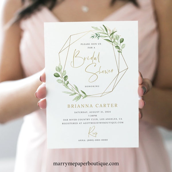 Bridal Shower Invite Template, Editable Printable Instant Download, Greenery & Gold