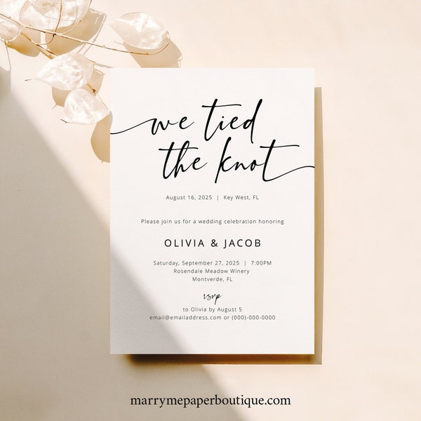We Tied The Knot Wedding Announcement Template, Modern Calligraphy, Reception Party Invitation, Printable, Templett INSTANT Download