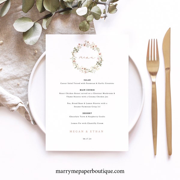 Wedding Menu Template, Rustic Pink Flowers, Editable 5x7 Menu, Pretty Table Menu Card, Printable, Templett INSTANT Download