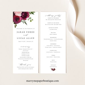 Wedding Program Template, Try Before Purchase, Tall Program Printable, Templett Instant Download, Burgundy Flowers