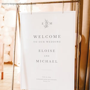 Wedding Welcome Sign Template, Leaf Monogram Border, Welcome To Our Wedding Sign Poster, Printable, Vertical, Templett INSTANT Download