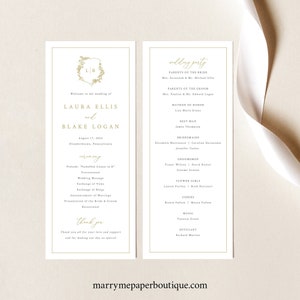 Wedding Program Template, Gold, Wedding Crest & Monogram, Tall Wedding Ceremony Program, Printable, Editable, Templett INSTANT Download