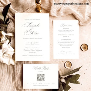 Wedding Invitation Template Suite, Calligraphy Design, QR Code RSVP Card, Editable Wedding Invitations, Printable, Templett INSTANT Download