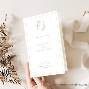 Wedding Program Template, Gold, Wedding Crest & Monogram, Folding Wedding Ceremony Program, Printable, Editable, Templett INSTANT Download