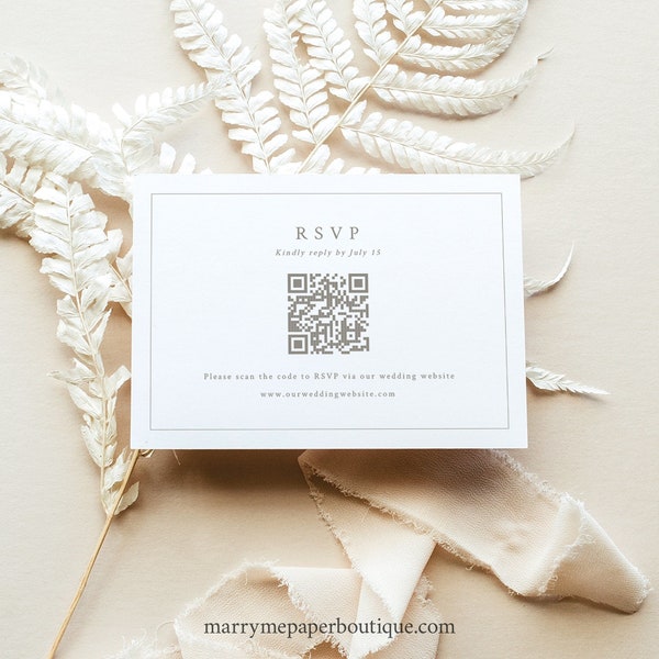 QR Code RSVP Card Template, Monogram & Border, QR Reply Card, Response Card, Printable, Editable, Self Edit, Templett Instant Download