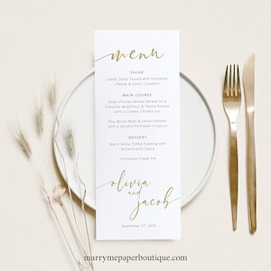 Wedding Menu Template, Gold, Modern Script, Editable, Modern Wedding Table Menu Card, Printable, Narrow Menu, Templett INSTANT Download