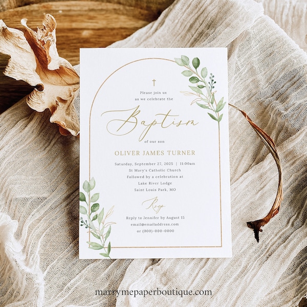 Baptism Invitation Template, Greenery Arch, Editable, Greenery Baptism Invitation Card, Printable, Baptism Invite, Templett INSTANT Download