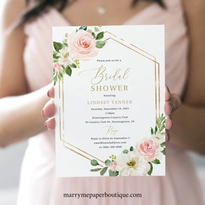 Bridal Shower Invitation Template, Try Before Purchase, Editable Instant Download, Pink Floral Hexagonal