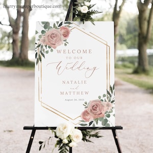 Wedding Welcome Sign Template, Dusky Pink Floral, Wedding Sign, Printable, Editable, Portrait, Templett INSTANT Download